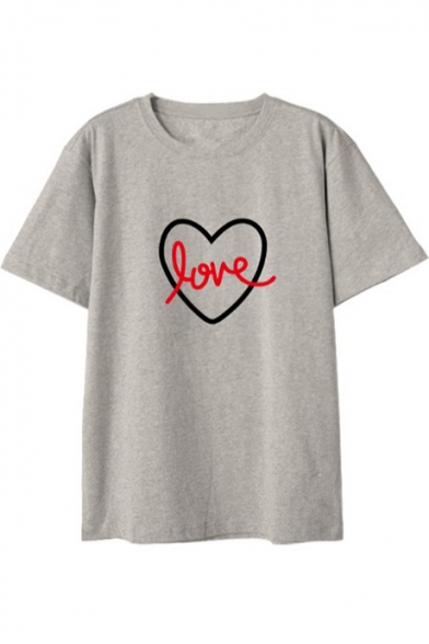 Love Heart Printed Round Neck Short Sleeve Tee