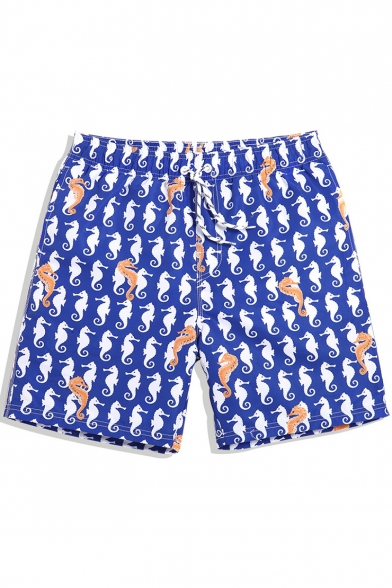 Men's Blue Popular Allover Seahorse Pattern Swim Shorts with Hook and Loop Pockets