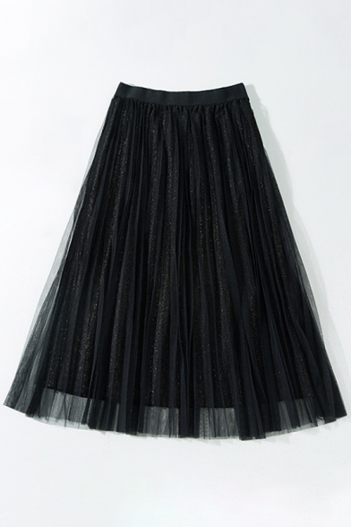 Mesh Pleated High Waist Bright Silk Yarn Maxi Skirt