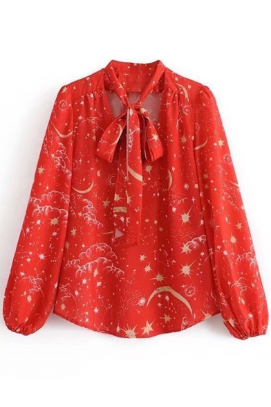 Moon Star Printed Long Sleeve Tied Front Blouse