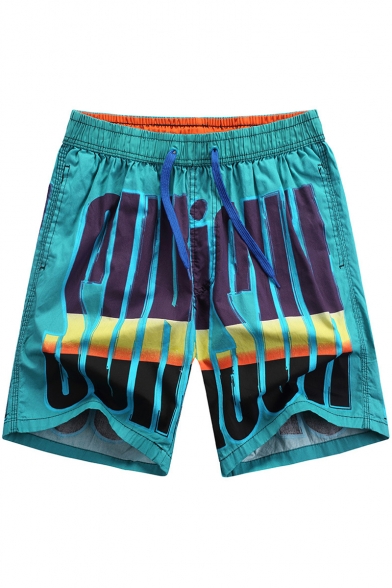 Cool Drawcord Fast Drying Green Letter Pattern Swim Trunks for Guys with Side Pockets