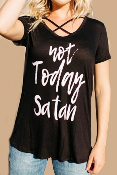 NOT TODAY Letter Printed Crisscross Front Short Sleeve Tee