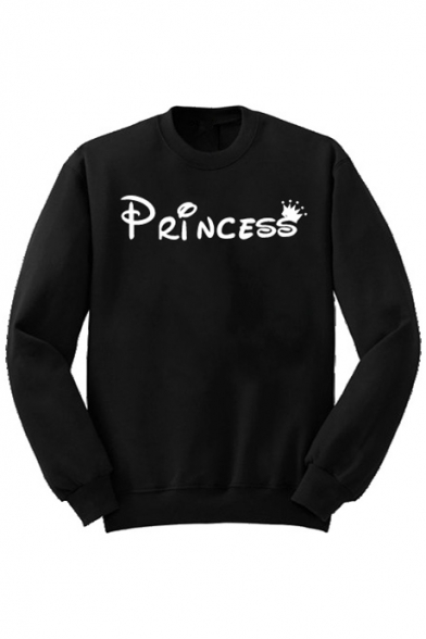 PRINCESS Letter Print Round Neck Long Sleeve Sweatshirt