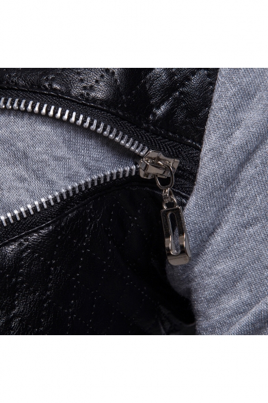 PU Patchwork Zipper Embellished Long Sleeve Slim Hoodie