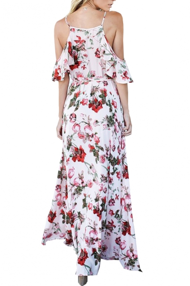 Sexy V Neck Cold Shoulder Short Sleeve Floral Printed Split Front Maxi A-Line Dress