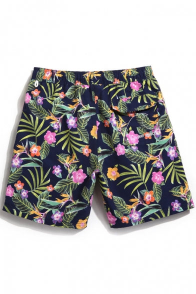 Stylish Designer Navy Blue Floral Tropical Swim Shorts Trunks for Men with Mesh Liner