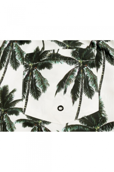 Top Stylish Men's White Palm Tree Pattern Swim Trunks with Pockets and Mesh Liner