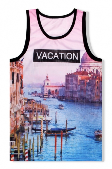 VACATION Letter Venice Water City Printed Round Neck Sports Tank Tee