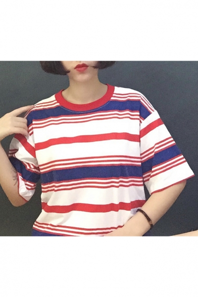 

Women' Stylish Striped Pattern Half Sleeves Round Neck Summer T-shirt, LC470890