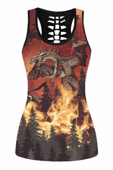 3D Dinosaur Fire Printed Round Neck Sleeveless Hollow Out Back Tank