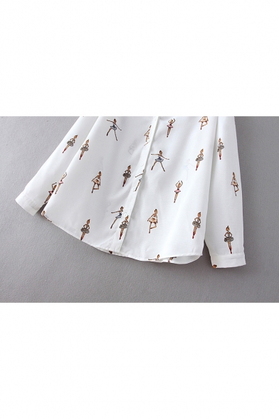 Ballet Girl Printed V Neck Long Sleeve Buttons Down Shirt