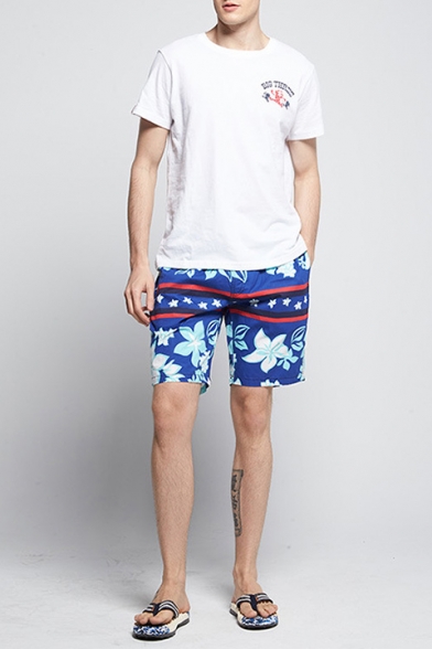 Best Mens Navy Blue Summer Floral Print Swim Trunks Bathing Shorts with Back Flap Pockets