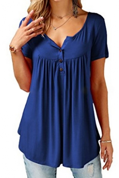Buttons Embellished Short Sleeve Plain Loose Tee