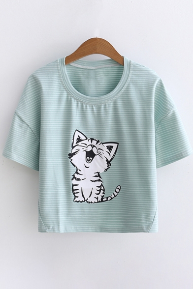 Cat Printed Round Neck Short Sleeve Striped Tee