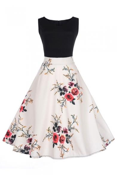 Color Block Floral Printed Round Neck Sleeveless Midi A-Line Dress