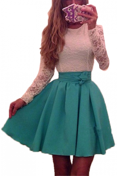Color Block Lace Patched Round Neck Long Sleeve Mini A-Line Dress