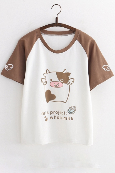 Cow Letter Printed Color Block Short Sleeve Round Neck Tee