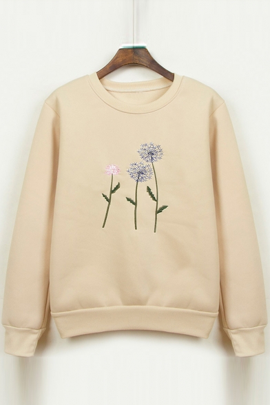Dandelion Embroidered Round Neck Long Sleeve Sweatshirt