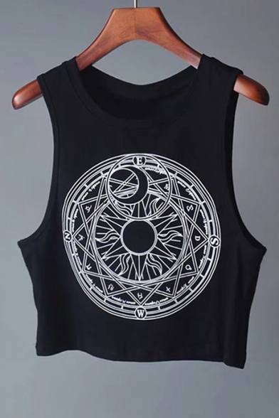 

Emblem Printed Round Neck Sleeveless Tank Tee, Black;white, LC472088