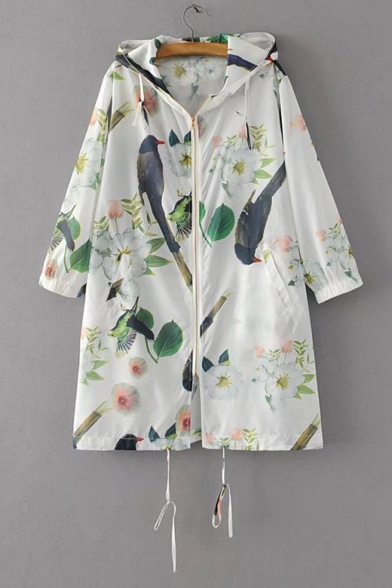 Floral Bird Print Half Sleeve Hooded Drawstring Coat with Double Pockets