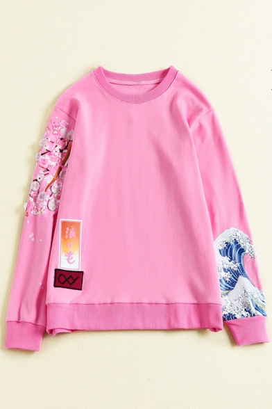 Floral Embroidered Japanese Wave Printed Round Neck Long Sleeve Sweatshirt