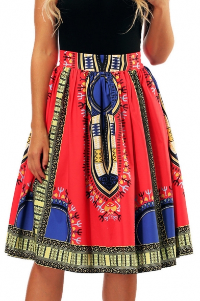 Folk Style Printed High Waist Midi A-Line Flare Skirt