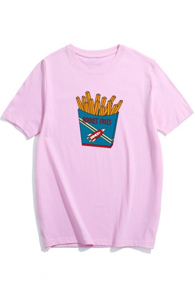 French Fries Letter Rocket Printed Round Neck Short Sleeve Tee