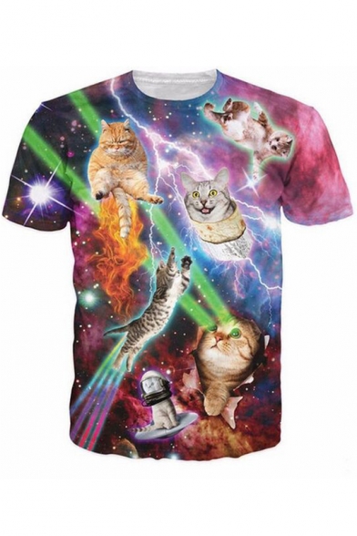 Galaxy and Cat Printed Round Neck Short Sleeve Tee