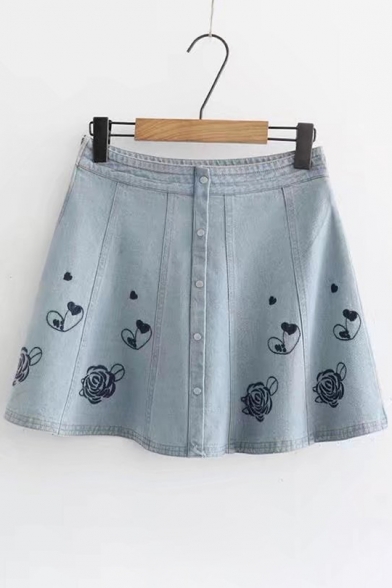 Heart Floral Embroidered Buttons Down Mini A-Line Skirt
