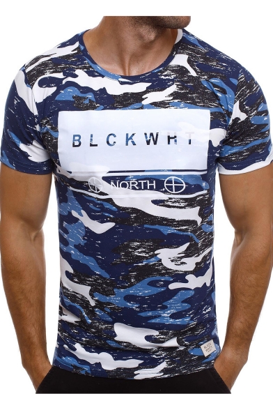 Letter Printed Round Neck Short Sleeve Camouflage Slim Tee