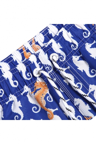 Men's Blue Popular Allover Seahorse Pattern Swim Shorts with Hook and Loop Pockets