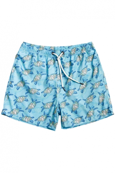 Mens Bright Blue Summer Turtle Print Swim Shorts Trunks with Brief Liner