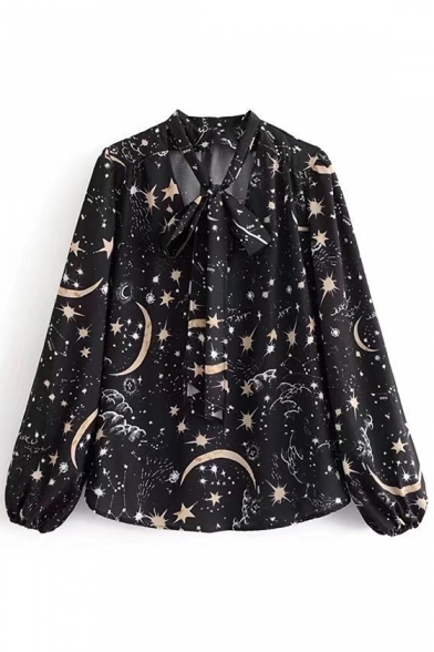 Moon Star Printed Long Sleeve Tied Front Blouse
