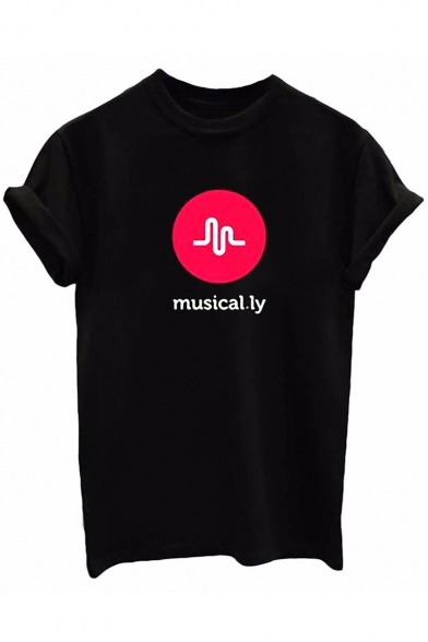 MUSICALLY Letter Pattern Printed Round Neck Short Sleeve Tee