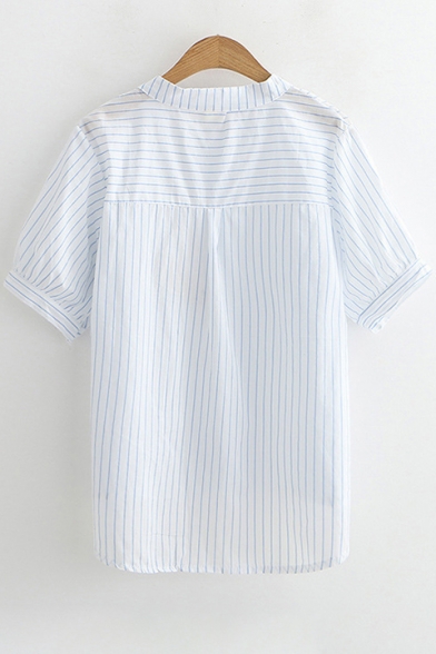 Rabbit Embroidered Stand Collar Short Sleeve Stripes High Low Hem Shirt
