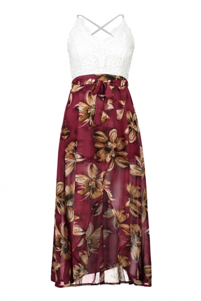 Spaghetti Straps Sleeveless Lace Patchwork Floral Printed Split Front Maxi Asymmetric Hem Dress