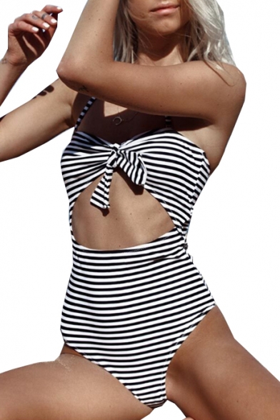 Striped Printed Spaghetti Straps Sleeveless Hollow Out Tied Front One Piece Swimwear