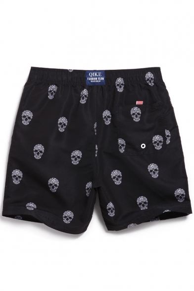 Stylish Black Men's Fast Dry Short Skull Swim Shorts with Mesh Lined Side Pockets