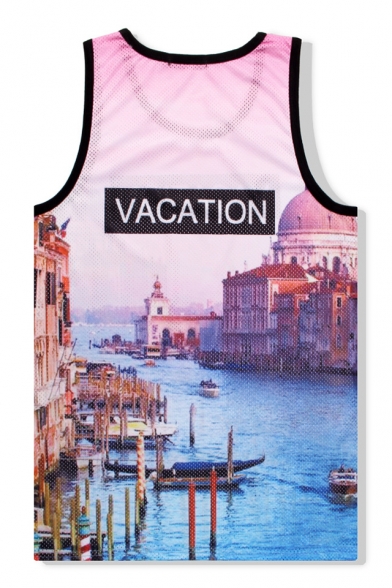 VACATION Letter Venice Water City Printed Round Neck Sports Tank Tee