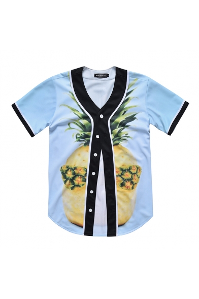 3D Pineapple Printed Short Sleeve Buttons Down Baseball Tee