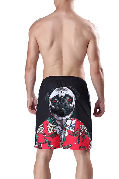 Best Big Men's Black and Red Quick Dry Elastic Dog Printed Swim Trunks with Drawstring and Pockets