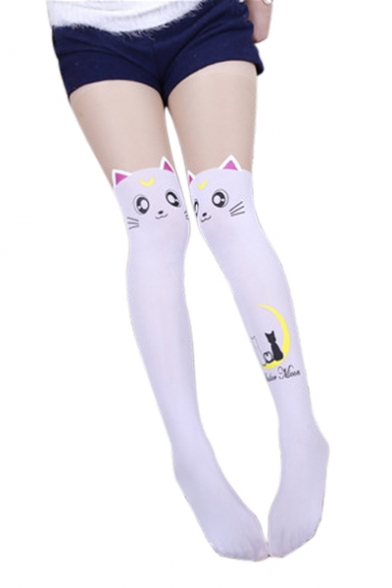 Cat Moon Printed Skinny Knee High Cute Socks