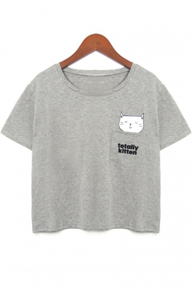 Cat TOTALLY KITTEN Letter Printed Round Neck Short Sleeve Crop Tee