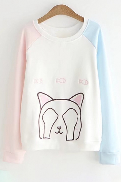 Color Block Cat Fish Embroidered Round Neck Long Sleeve Sweatshirt
