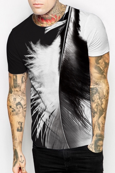 Color Block Feather Printed Round Neck Short Sleeve Tee
