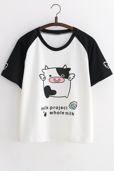 Cow Letter Printed Color Block Short Sleeve Round Neck Tee
