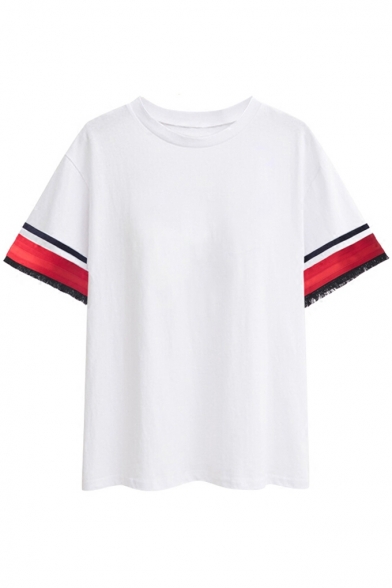 Fashionable Color Block Tassel Cuff Round Neck Summer Short Sleeve T-shirt