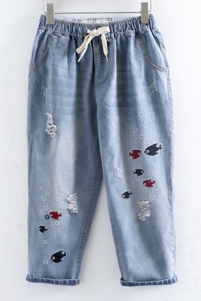 Fish Embroidered Drawstring Waist Ripped Crop Jeans