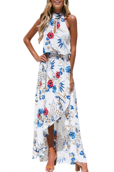 Floral Printed Halter Sleeveless Hollow Out Detail Split Front Maxi Asymmetrical Beach Dress