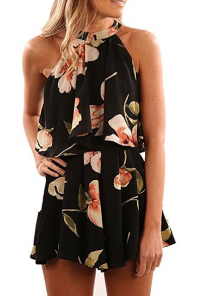 Floral Printed Halter Sleeveless Top with Loose Culottes Co-ords